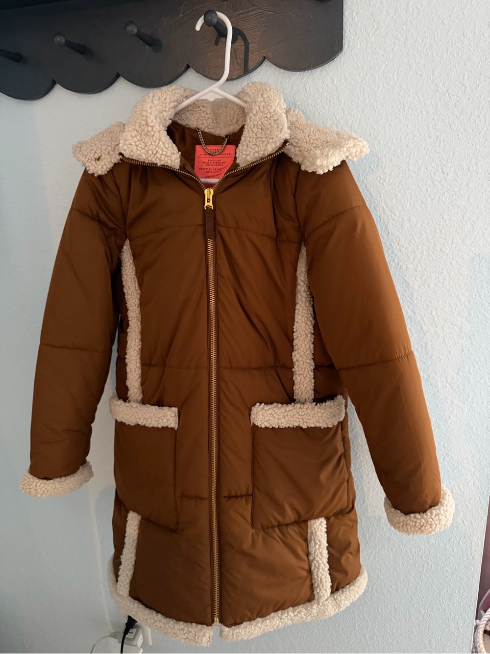 J. Crew Brown Puffer Coat with Cream Sherpa Trim